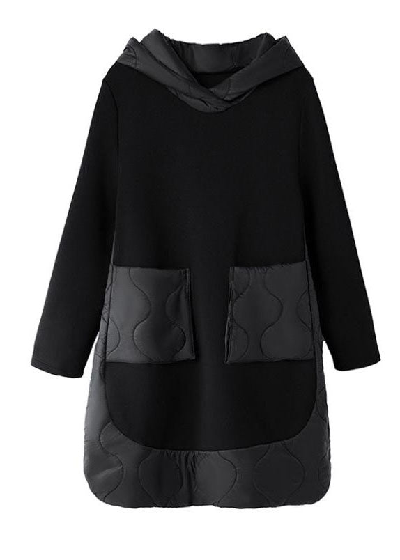 Style Black Hooded Pockets Patchwork Cotton Dresses Spring