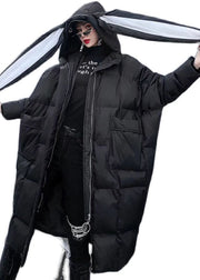Style Black Hooded Pockets Zippered Winter Long Sleeve Down Coats