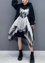 Style Black Hooded Wrinkled Asymmetrical Tulle Patchwork Cotton Dresses Fall