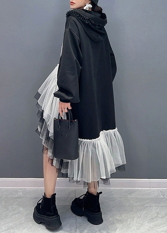 Style Black Hooded Wrinkled Asymmetrical Tulle Patchwork Cotton Dresses Fall