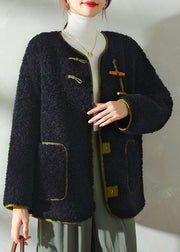 Style Black Horn Button Pockets Fleece Jacket Winter