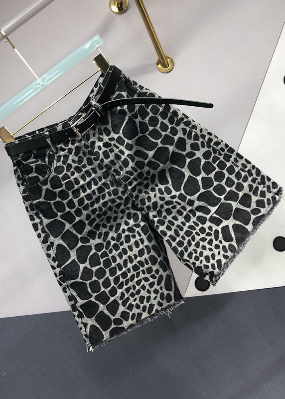 Style Black Jacquard Tasseled Pockets Patchwork Denim Crop Pants Summer