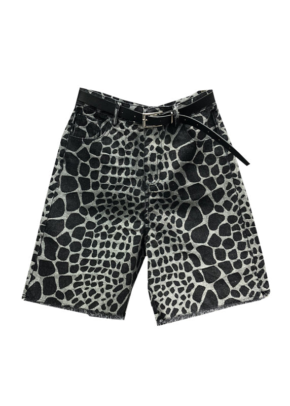 Style Black Jacquard Tasseled Pockets Patchwork Denim Crop Pants Summer