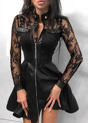 Style Black Lace Zip Up Patchwork Faux Leather Mid Dress Long Sleeve