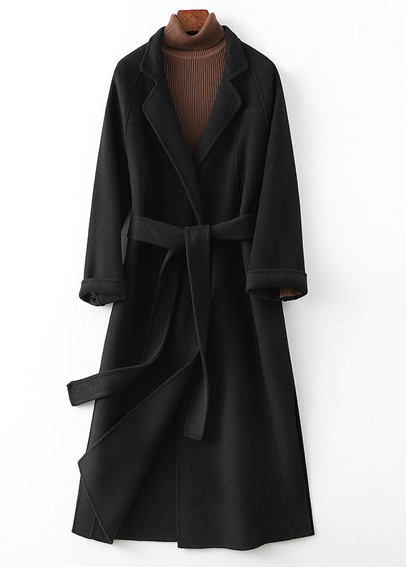 Style Black Notched Patchwork Tie Waist Woolen Long Coats Fall