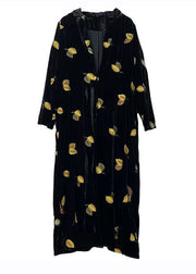 Style Black Notched Print Silk Velour Long Trench Coats Long Sleeve
