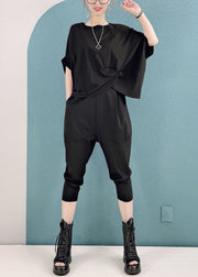 Style Black O-Neck Asymmetrical Cotton Tops And Harem Pants Two Pieces Set Short Sleeve