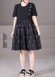 Style Black O-Neck Embroidered Ruffled Patchwork Wrinkled Cotton A Line Dress Short Sleeve