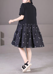 Style Black O-Neck Embroidered Ruffled Patchwork Wrinkled Cotton A Line Dress Short Sleeve