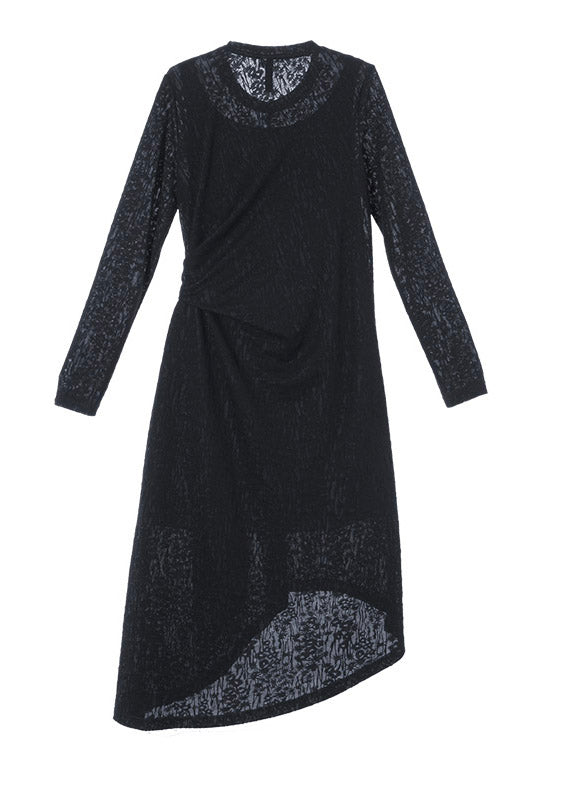 Style Black O-Neck Hollow Out Low High Design Lace Long Dress Long Sleeve