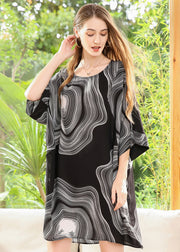 Style Black O-Neck Oversized Print Chiffon Robe Dresses Batwing Sleeve
