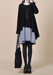 Style Black O Neck Patchwork False Two Pieces Wool Dress Spring