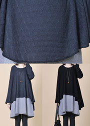 Style Black O Neck Patchwork False Two Pieces Wool Dress Spring