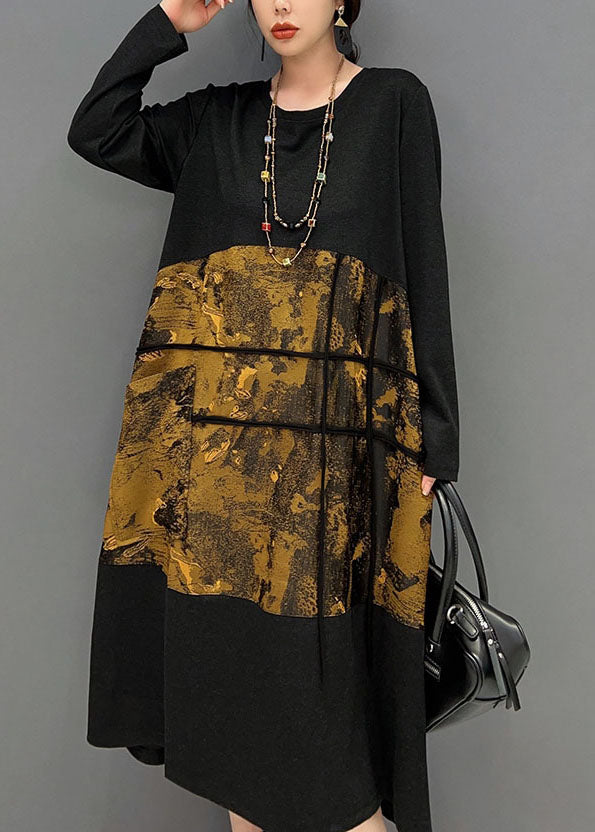 Style Black O-Neck Patchwork Print Cotton Maxi Dress Spring
