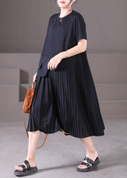 Style Black O-Neck Wrinkled Patchwork Chiffon Pleated Dresses Short Sleeve