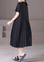 Style Black O-Neck Wrinkled Patchwork Chiffon Pleated Dresses Short Sleeve
