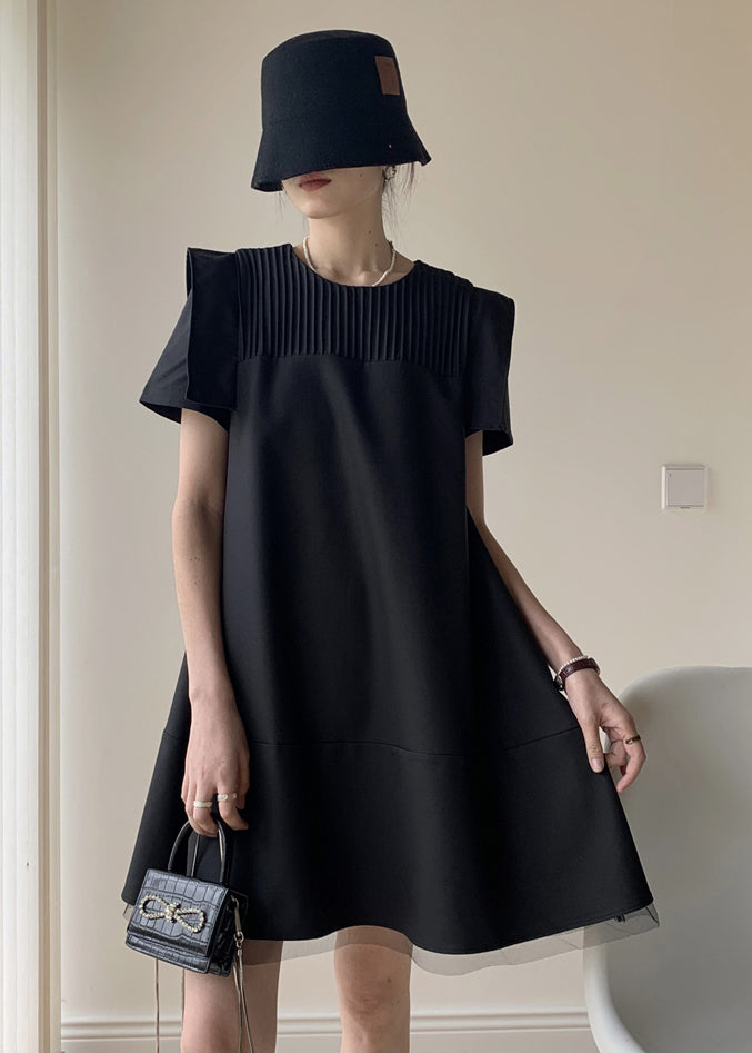 Style Black O Neck Wrinkled Patchwork Cotton Mid Dresses Summer