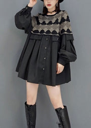 Style Black O-Neck button print Patchwork Knit Dresses Spring