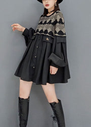 Style Black O-Neck button print Patchwork Knit Dresses Spring