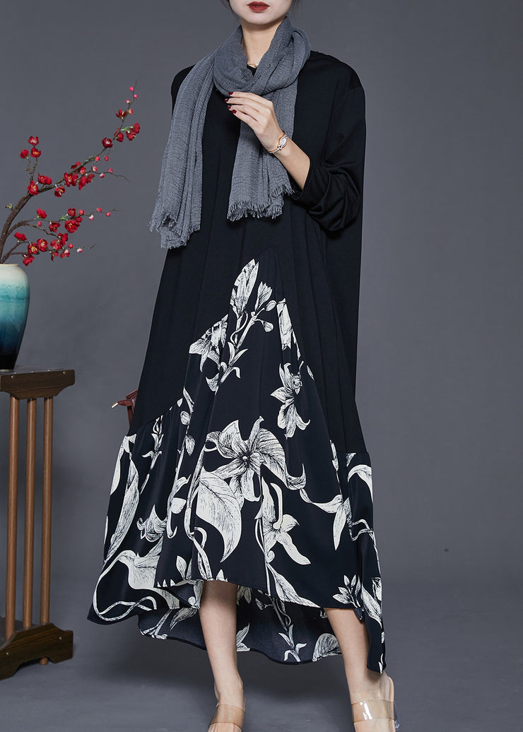 Style Black Oversized Patchwork Cotton Long Dress Spring