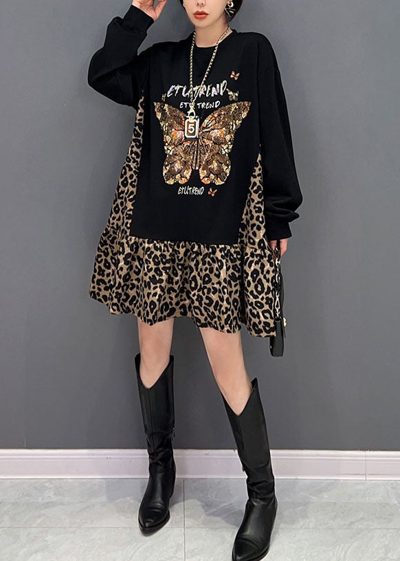 Style Black Oversized Patchwork Leopard Cotton Sweatshirt Dress Spring