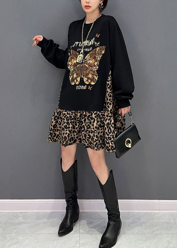Style Black Oversized Patchwork Leopard Cotton Sweatshirt Dress Spring