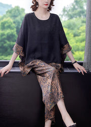Style Black Oversized Patchwork Print Silk Two Pieces Set Summer