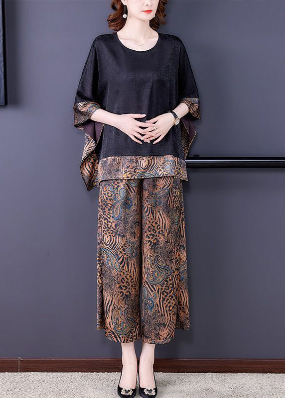 Style Black Oversized Patchwork Print Silk Two Pieces Set Summer