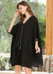 Style Black Oversized Zip Up Pockets Chiffon Coat Batwing Sleeve