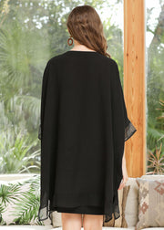 Style Black Oversized Zip Up Pockets Chiffon Coat Batwing Sleeve