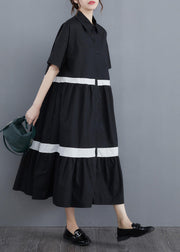 Style Black Patchwork Cotton Button Summer Vacation Dresses - SooLinen