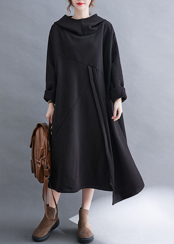 Style Black Patchwork Pockets Warm Fleece Vacation Dresses Winter