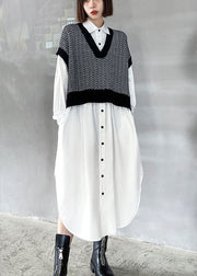 Style Black Patchwork White Button Loose Fall Dresses Long sleeve