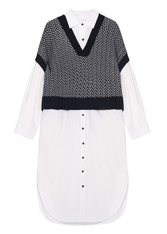 Style Black Patchwork White Button Loose Fall Dresses Long sleeve