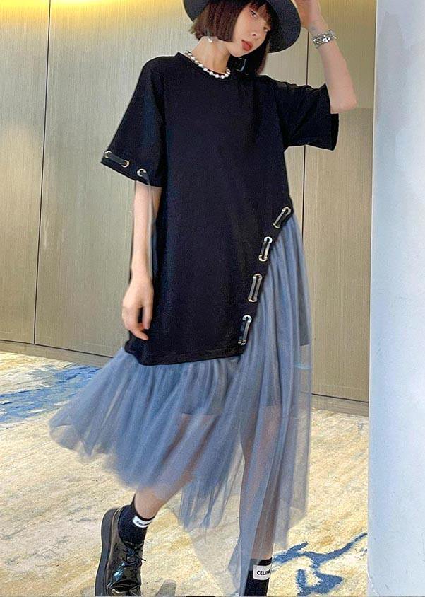 Style Black Patchwork tulle Maxi Summer Cotton Dress - SooLinen