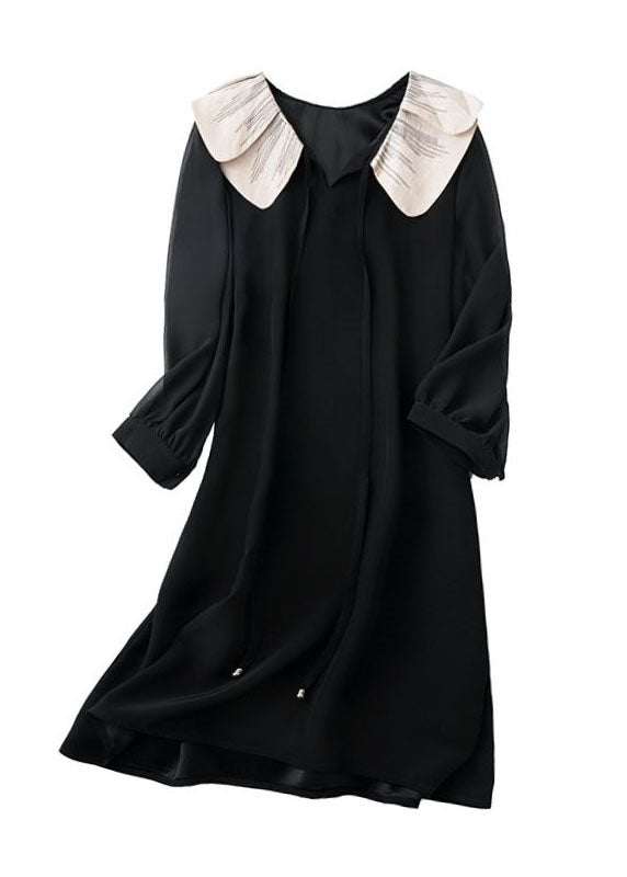 Style Black Peter Pan Collar Patchwork Chiffon Dress Spring