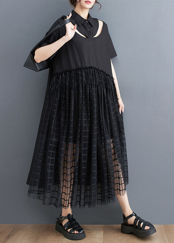 Style Black Peter Pan Collar Patchwork Tulle Shirts Dress Summer