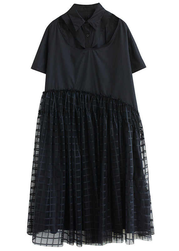 Style Black Peter Pan Collar Patchwork Tulle Shirts Dress Summer