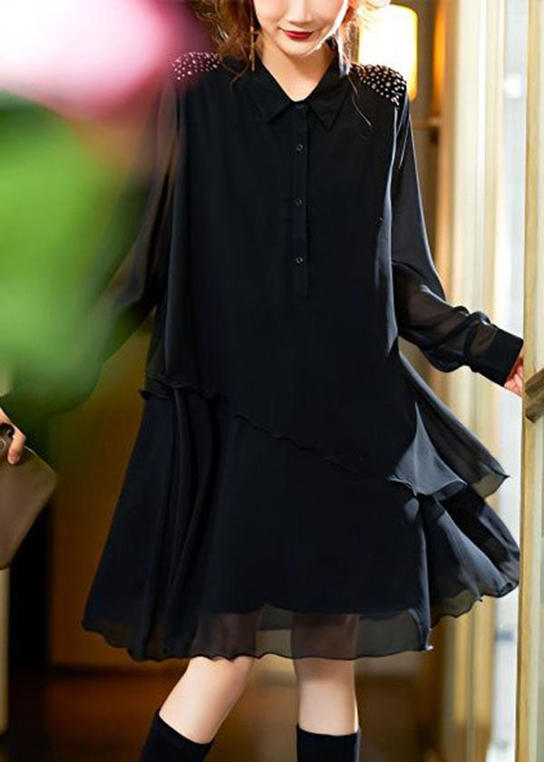 Style Black Peter Pan Collar Rivet Patchwork Chiffon Shirts Dresses Spring
