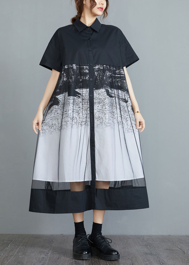 Style Black Peter Pan Collar Tulle Patchwork Cotton Maxi Dresses Short Sleeve