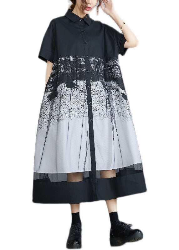 Style Black Peter Pan Collar Tulle Patchwork Cotton Maxi Dresses Short Sleeve