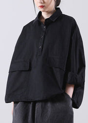 Style Schwarz PeterPan-Kragentaschen Knopf Herbsthemden Langarm