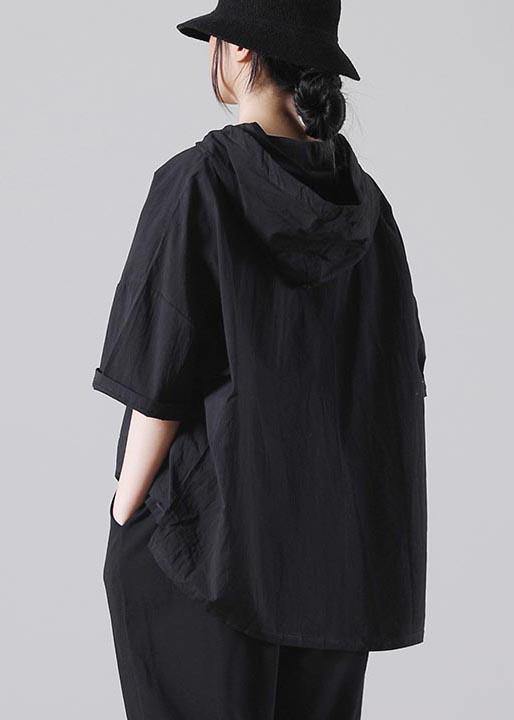 Style Black Pockets Loose Cotton Blouse Top Summer - SooLinen