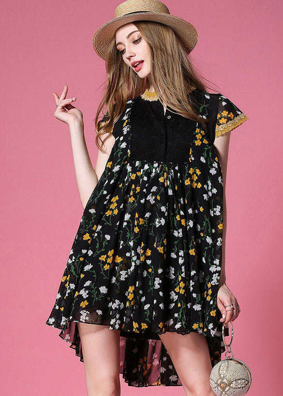 Style Black Print Low High Design Chiffon Pleated Dress Summer