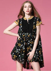 Style Black Print Low High Design Chiffon Pleated Dress Summer