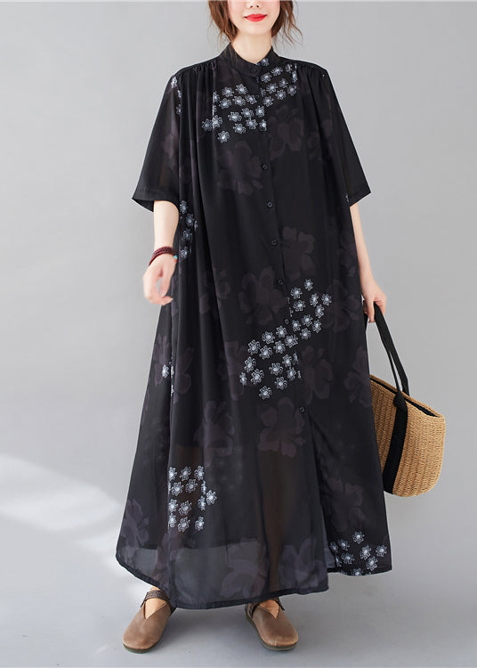Style Black Print Stand Collar Chiffon Long Dresses Summer