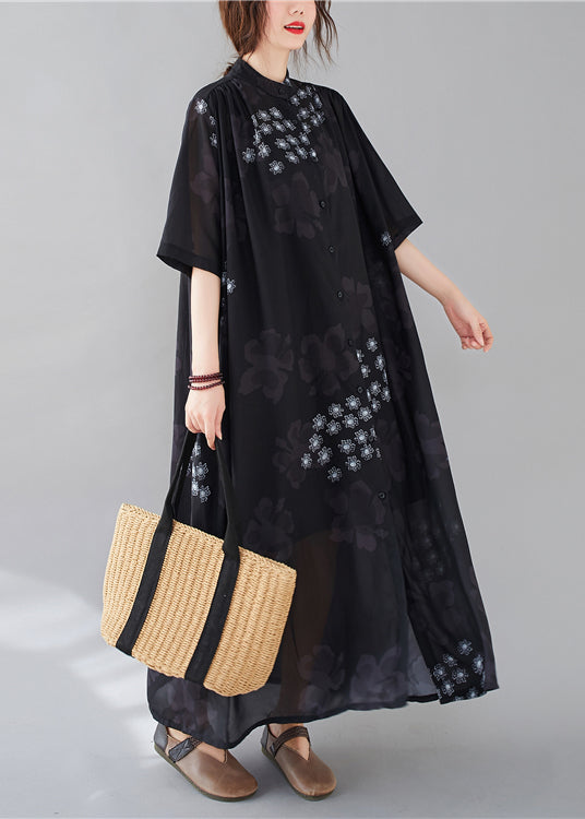 Style Black Print Stand Collar Chiffon Long Dresses Summer