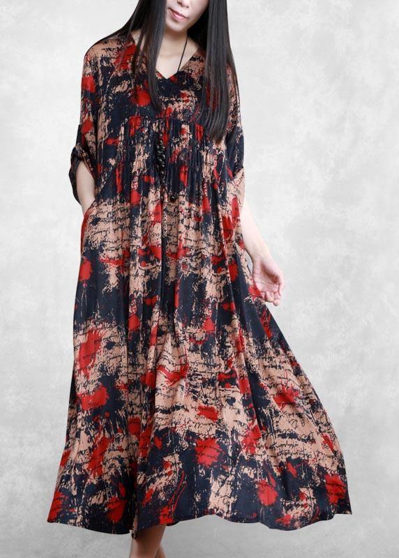 Style Black Print Tunics V Neck Large Hem Robe Spring Dresses - SooLinen