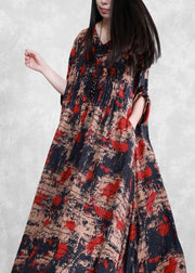 Style Black Print Tunics V Neck Large Hem Robe Spring Dresses - SooLinen