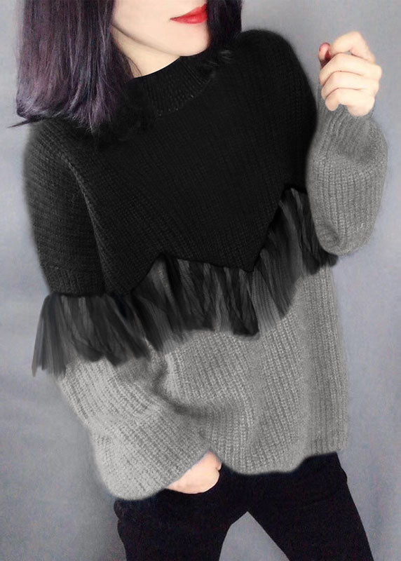 Style Black Purple fashion O-Neck Patchwork Fall Knitted sweaters
